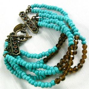 Tommassini blue glass crystal beaded 6 strands toggle clasp 7.25"L bracelet